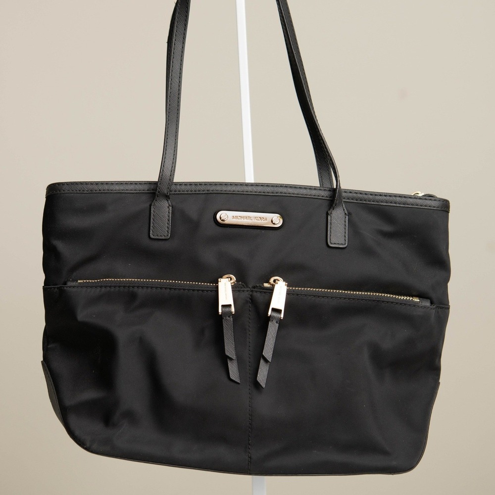 Michael Kors Black Nylon Leather Tote Shoulder Bag Gold Hardware Double Pockets